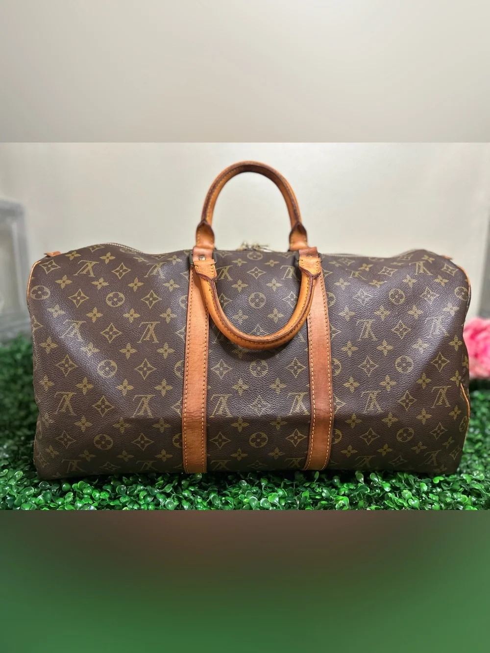 Louis Vuitton Keepall 50 Monogram Travel Bag w/ Luggage Tag, Handle Band & Strap